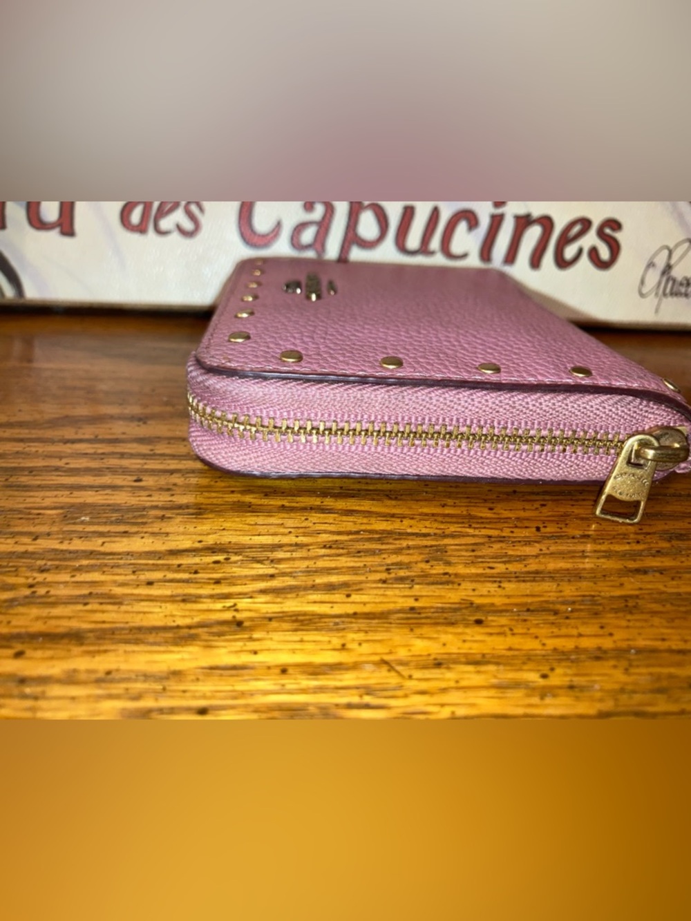 Coach Pebbled Leather Compact Zip Around Wallet with Gold Stud Accents Pink - Picture 5 of 9
